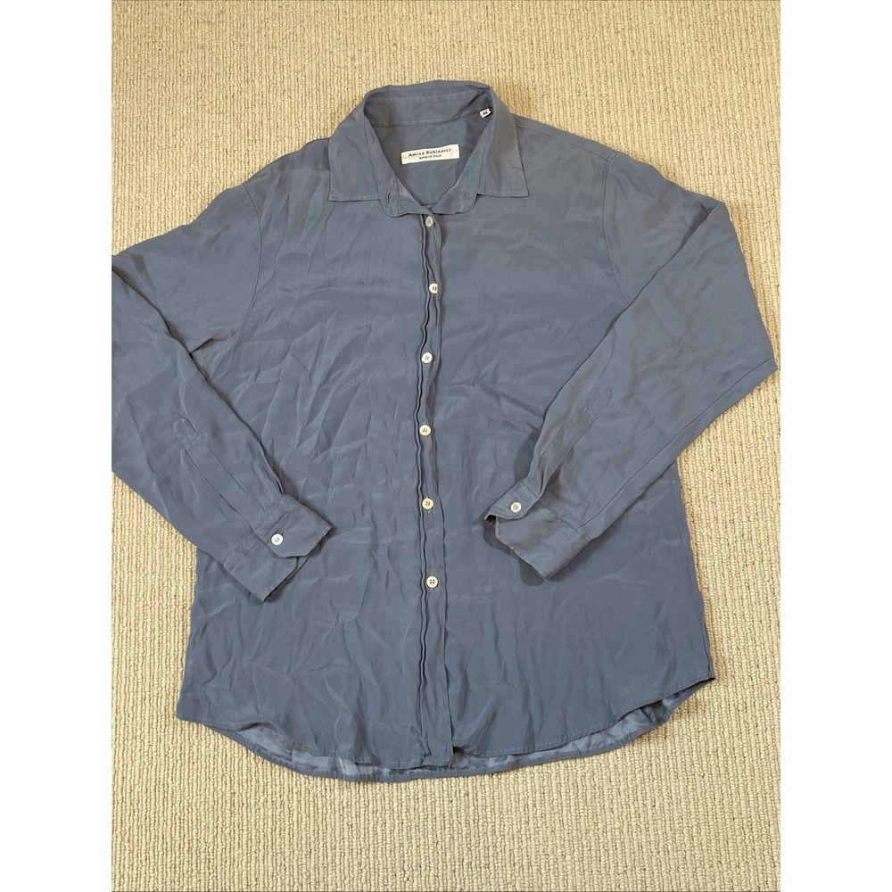 Amina Rubinacci Women's 50 Silk Blouse Long Sleeve Made in Italy Blue